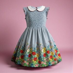 Mini Boden 9-10Y Blue Floral Peter Pan Collar Mori Spring Dress